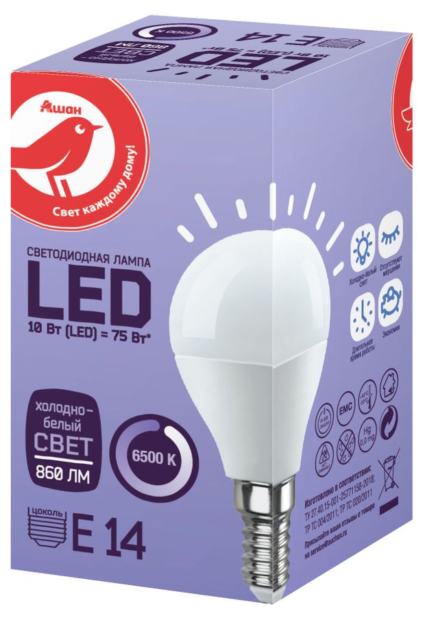 Лампа cветодиодная АШАН Красная птица Шар 10W Е14 холодно-белый 1 шт 80₽