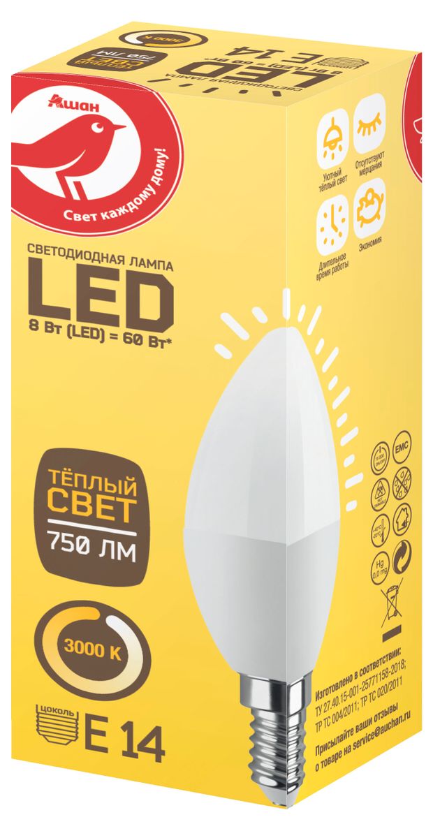 Лампа cветодиодная АШАН Красная птица Свеча 8W Е14 теплый, 1 шт