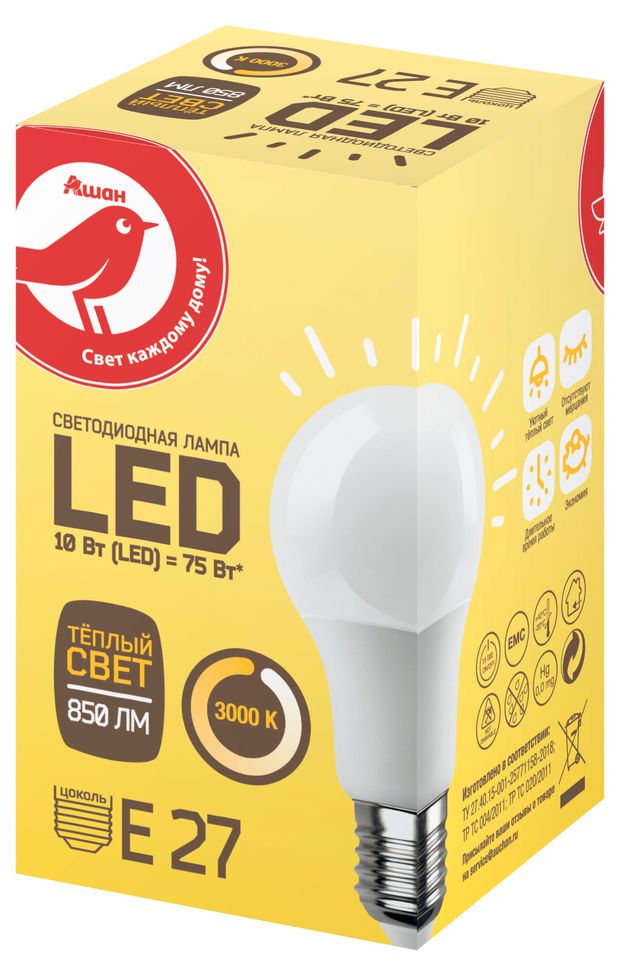 Лампа cветодиодная АШАН Красная птица Груша 10W Е27 теплый, 1 шт