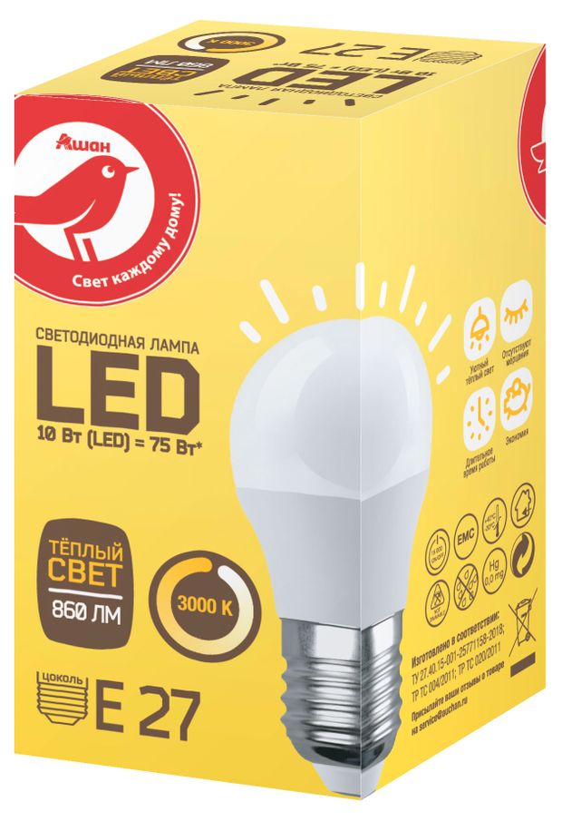 Лампа cветодиодная АШАН Красная птица Шар 10W Е27 теплый, 1 шт