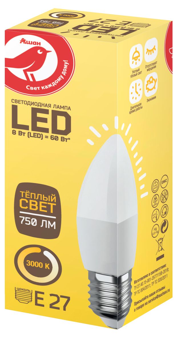 Лампа cветодиодная АШАН Красная птица Свеча 8W Е27 теплый, 1 шт