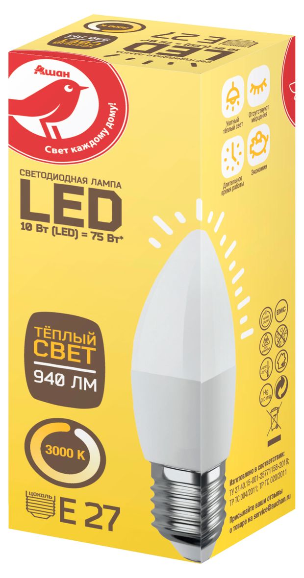 Лампа cветодиодная АШАН Красная птица Свеча 10W Е27 теплый, 1 шт