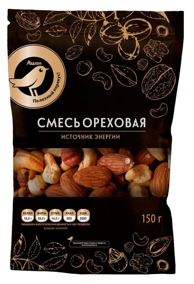 Ореховый микс АШАН Золотая птица без соли 150 г 330₽