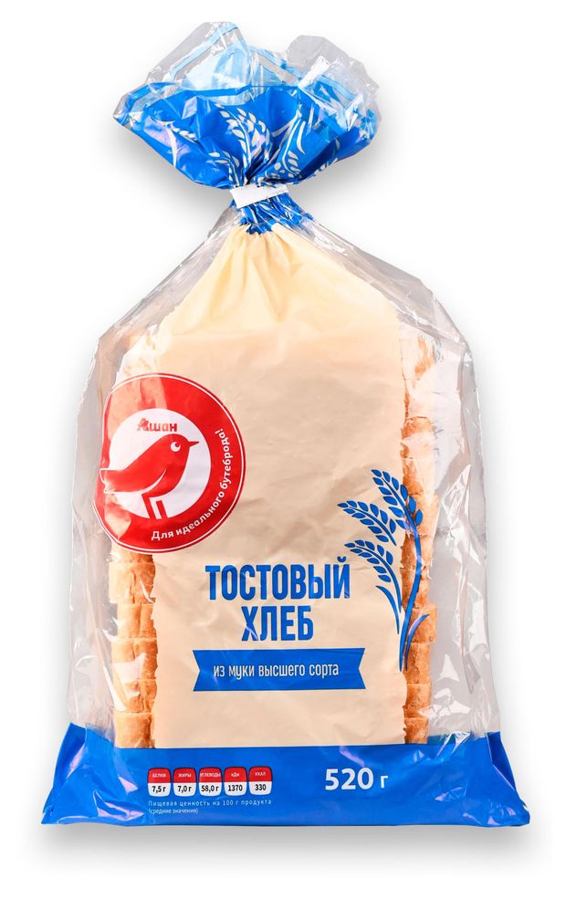Хлеб пшениный АШАН Красная птица Тостовый нарезка, 520 г