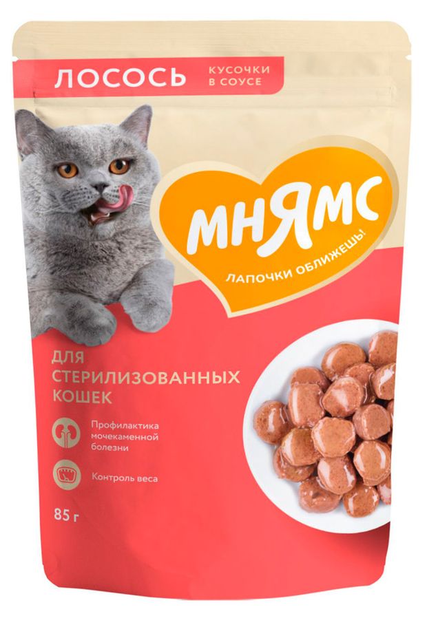 Влажный корм для стерилизованных кошек Мнямс Кусочки в соусе с лососем 85 г 85₽