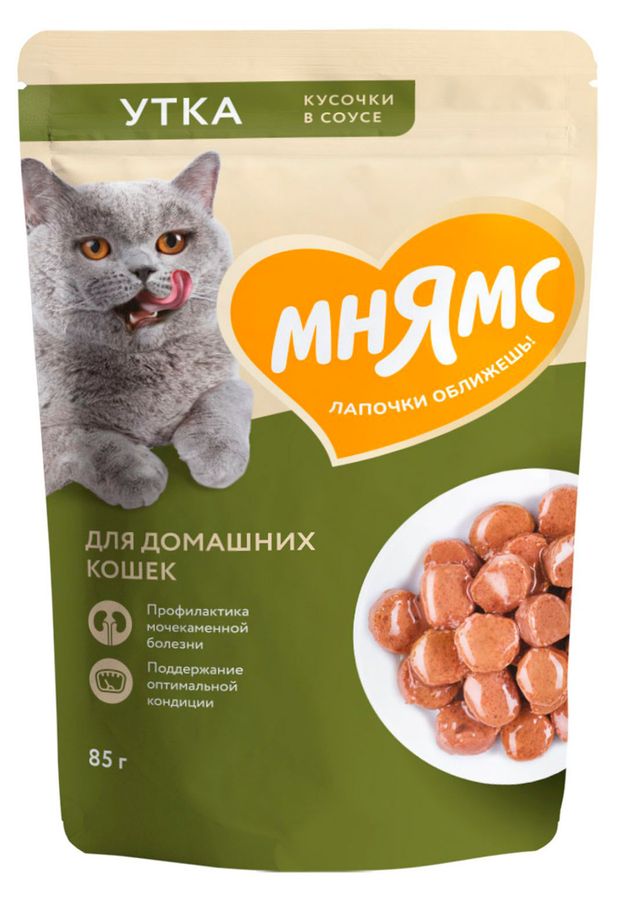Влажный корм для домашних кошек Мнямс Кусочки в соусе с уткой 85 г 85₽