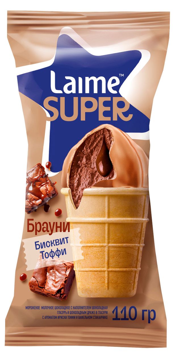 Мороженое молочное Laime Super Брауни шоколадный бисквит тофи в вафельном стаканчике 4 БЗМЖ 110 г 170₽