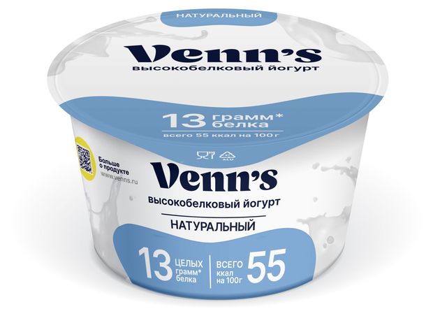 Йогурт греческий густой ложковый Venn`s высокобелковый обезжиренный без сахара 0.1% БЗМЖ, 130 г
