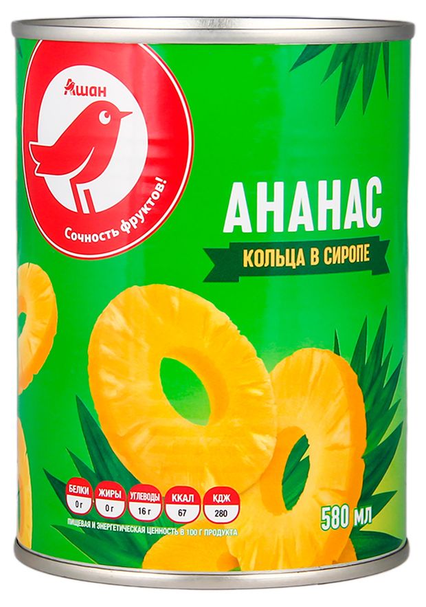 Ананасы консервированные АШАН Красная птица кольца в сиропе 580 мл 170₽