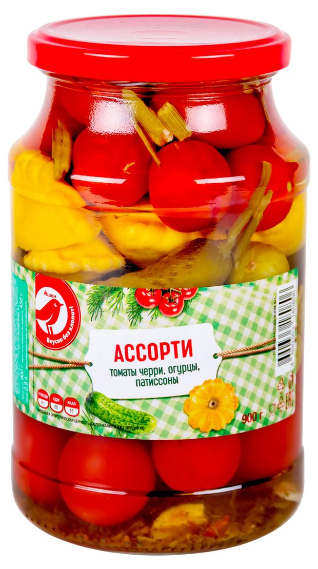 Бакалея Ассорти овощное АШАН Красная птица маринованное с патиссонами, 900 г