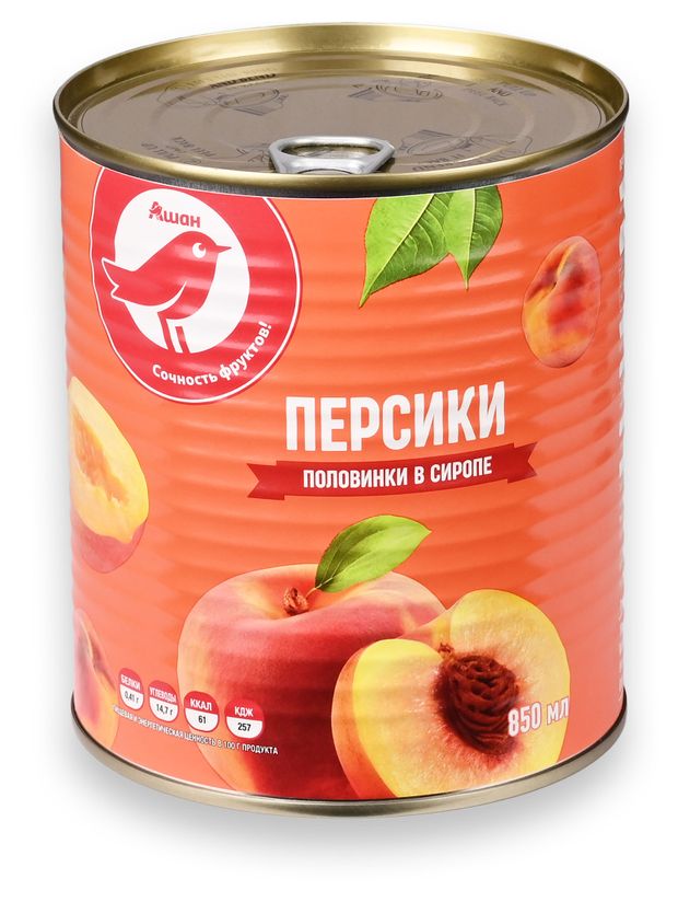 Персики АШАН Красная птица половинки в легком сиропе 850 мл 190₽