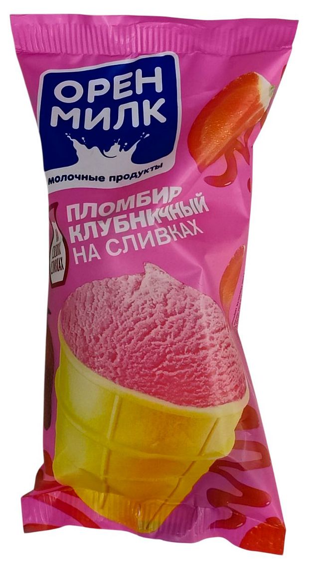 Мороженое пломбир Оренмилк на сливках клубничный в вафельном стаканчике 13% БЗМЖ, 70 г