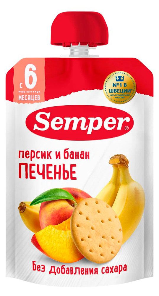 Все для детей  Ашан Пюре фруктовое Semper персик банан печенье с 6 месяцев, 100 г