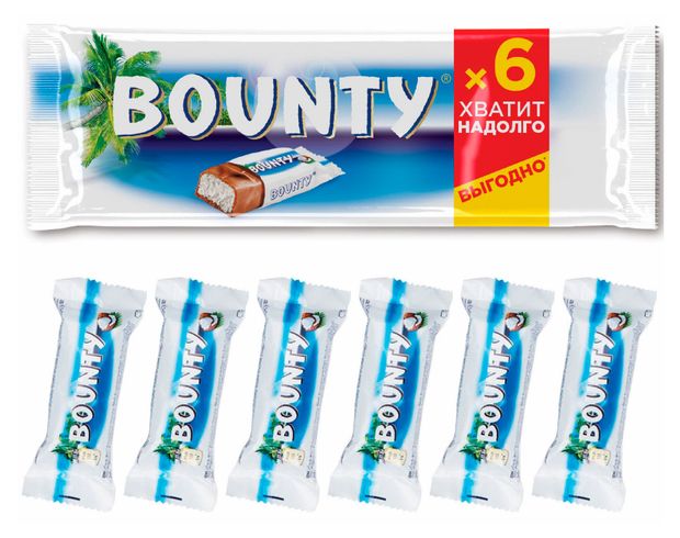 Батончик шоколадный Bounty с нежной мякотью кокоса, 6 шт x 27,5 г