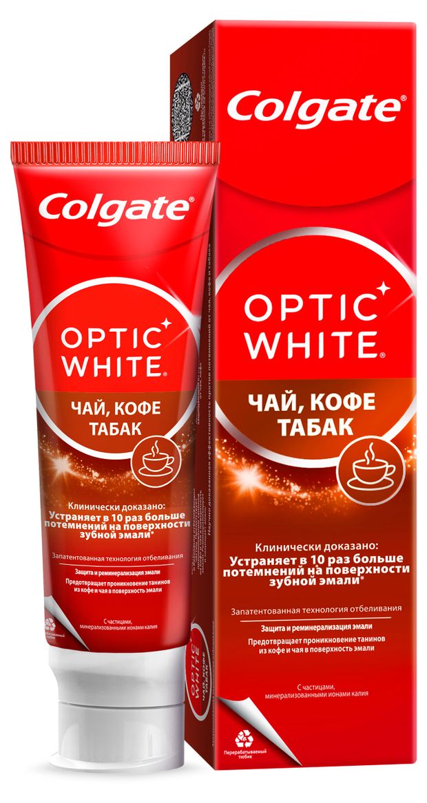 Зубная паста Colgate Optic White отбеливающая для ценителей чая, кофе и табака с натуральными маслами мяты, 75мл