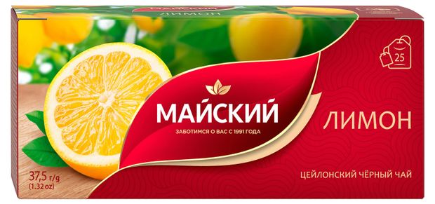 Чай черный Майский Лимон в пакетиках, 25х1,5 г
