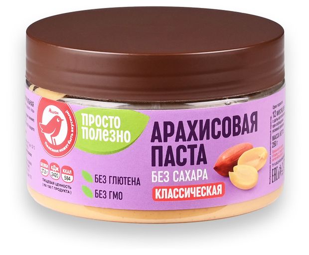 Паста арахисовая АШАН Красная птица классическая без сахара, 250 г