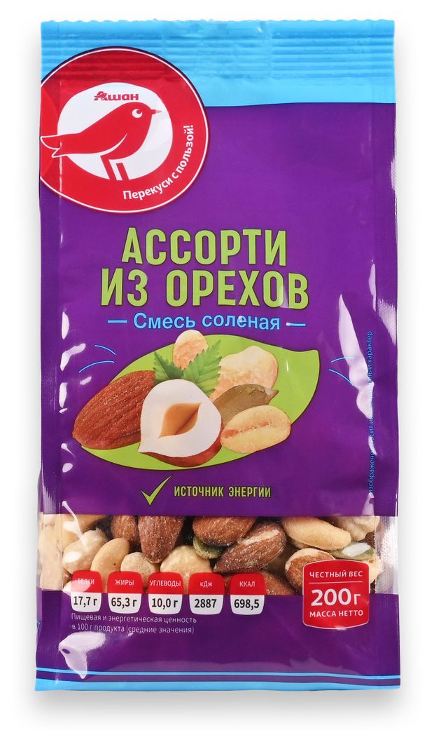 Чипсы, снеки, сухофрукты Смесь ореховая АШАН Красная птица солёная, 200 г