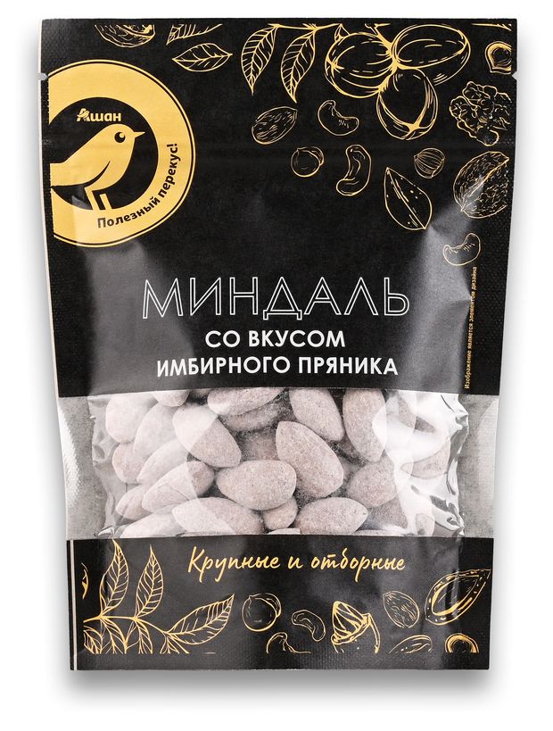 Чипсы, снеки, сухофрукты Миндаль АШАН Золотая птица со вкусом имбирного пряника, 130 г