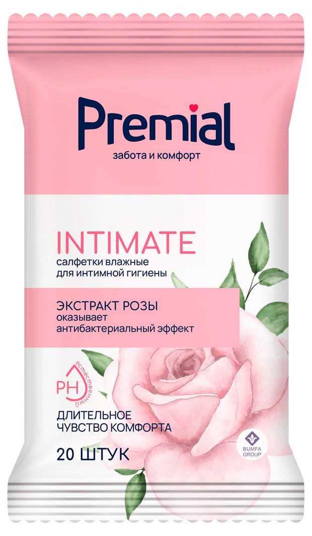 Салфетки влажные для интимной гигиены Premial экстракт розы, 20 шт