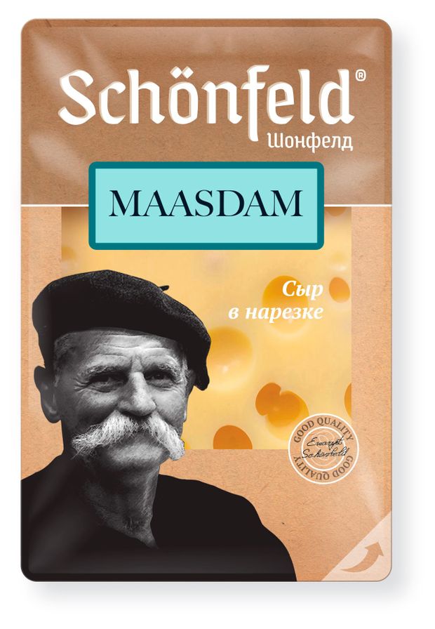 Сыр полутвердый Schonfeld Маасдам нарезка БЗМЖ 125 г 240₽