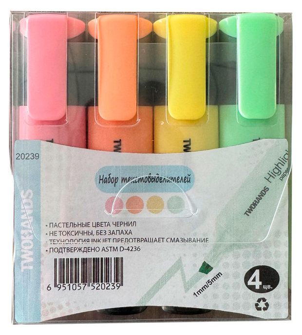 Набор текстовыделителей TWOHANDS пастельные 4 цвета 110₽