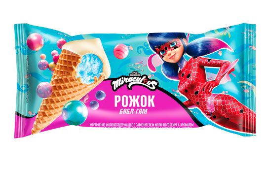 Мороженое Леди Баг со вкусом bubble gum в глазури в сахарном рожке 8% ЗМЖ, 70 г