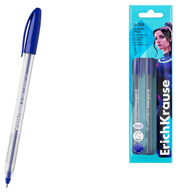 Набор ручек шариковых ErichKrause U-108 Stick Classic 1.0 Ultra Glide Technology синие, 3 шт