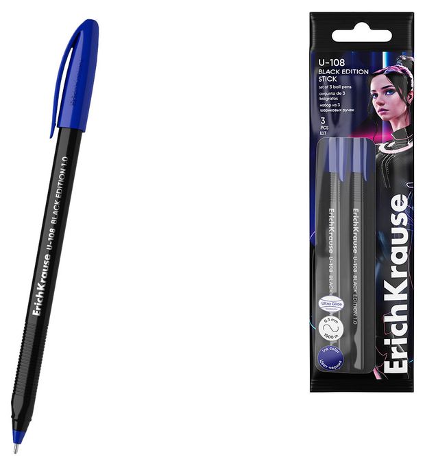 Набор ручек шариковых ErichKrause U-108 Stick Black Edition 1.0 Ultra Glide Technology синие, 3 шт