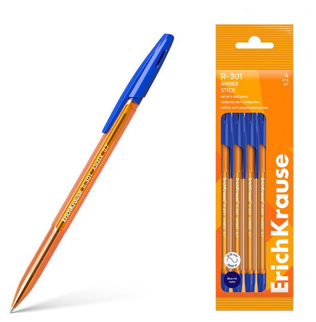 Набор ручек шариковых ErichKrause R-301 Stick Amber 0.7 синие, 4 шт
