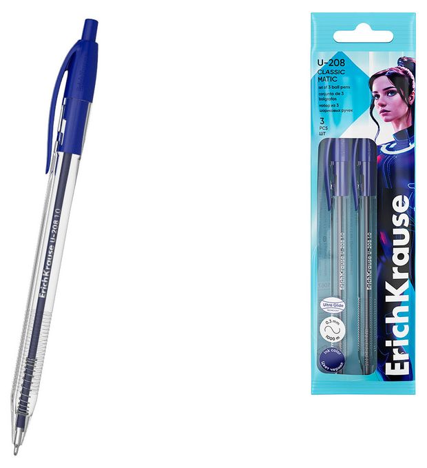 Набор ручек шариковых автоматических ErichKrause U-208 Matic Classic 1.0 Ultra Glide Technology синие, 3 шт