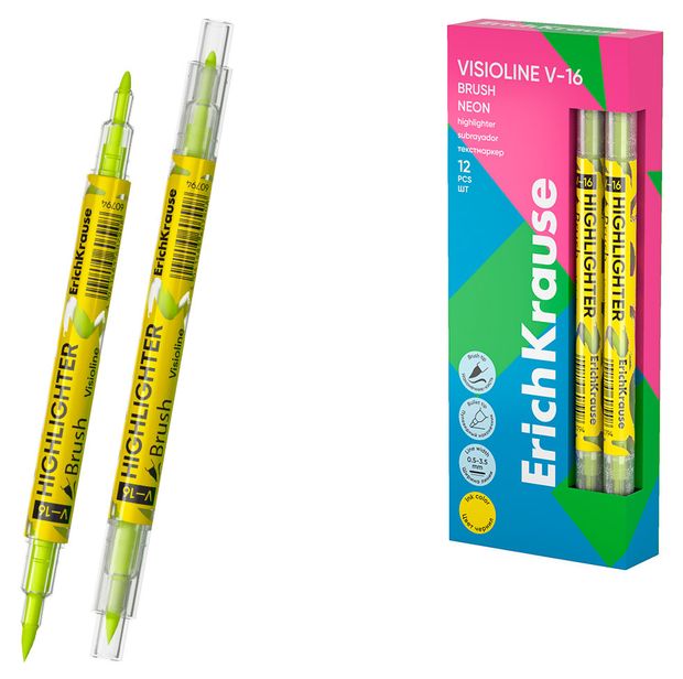 Текстмаркер двухсторонний ErichKrause Visioline V-16 Brush Neon желтый