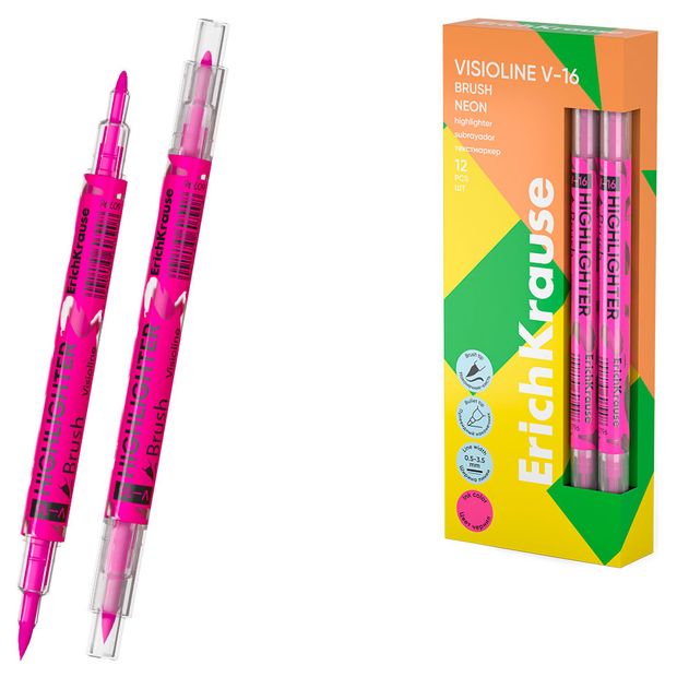 Текстмаркер двухсторонний ErichKrause Visioline V-16 Brush Neon розовый