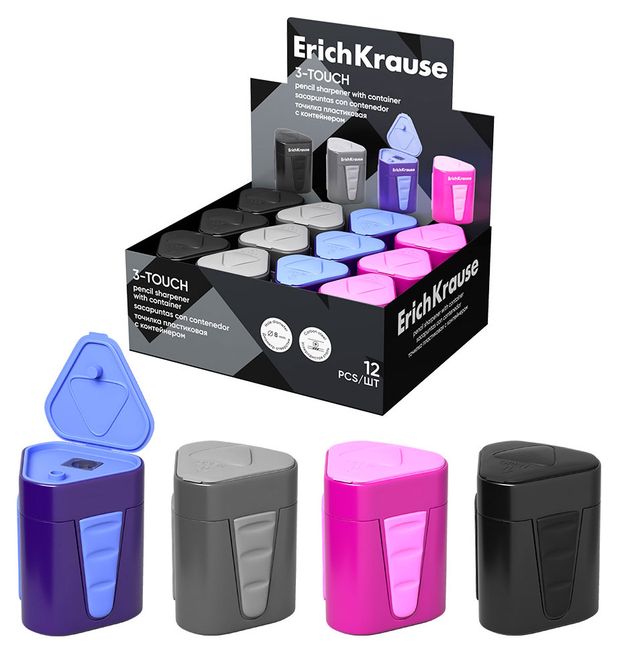 Точилка пластиковая ErichKrause 3-Touch с контейнером, 1 шт в ассортименте