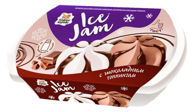 Мороженое IceJam двухслойное молочное и шоколадное с шоколадным топпингом Бодрая Корова