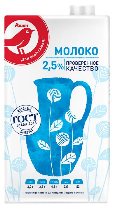 Молоко ультрапастеризованное АШАН Красная птица 2.5% БЗМЖ, 1 л