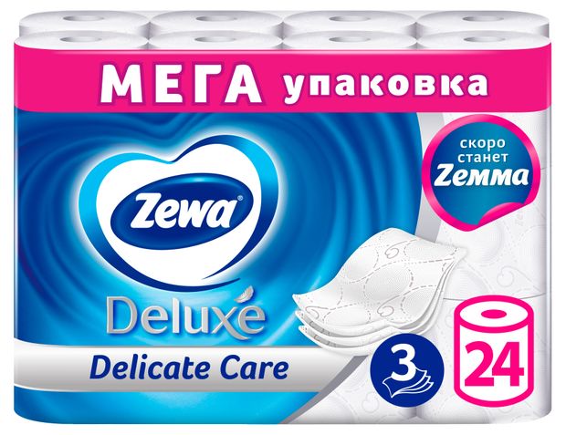 Красота и гигиена  Ашан Туалетная бумага Zewa Deluxe Без аромата 3 слоя, 24 рулона