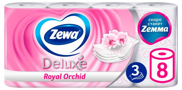 Красота и гигиена  Ашан Туалетная бумага Zewa Deluxe Орхидея, 3 слоя, 8 рулонов