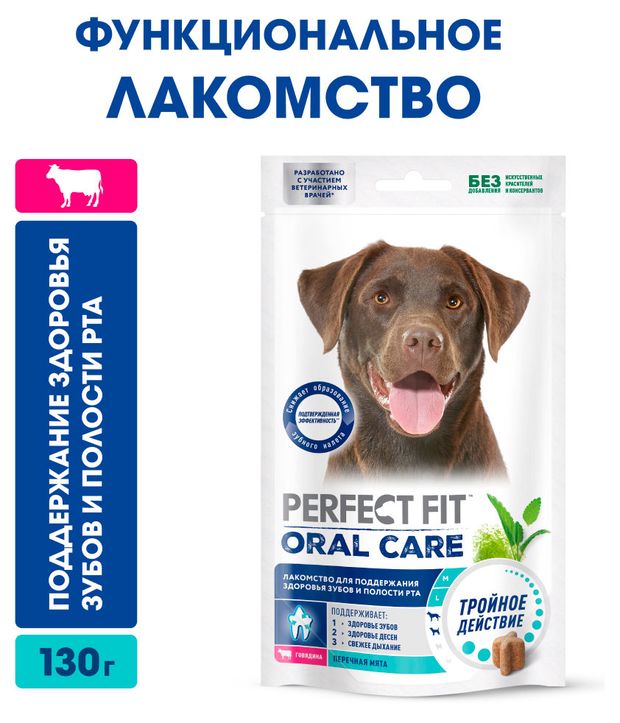 Лакомство для собак средних и крупных пород PERFECT FIT Oral Care с говядиной и мятой 130 г 123₽