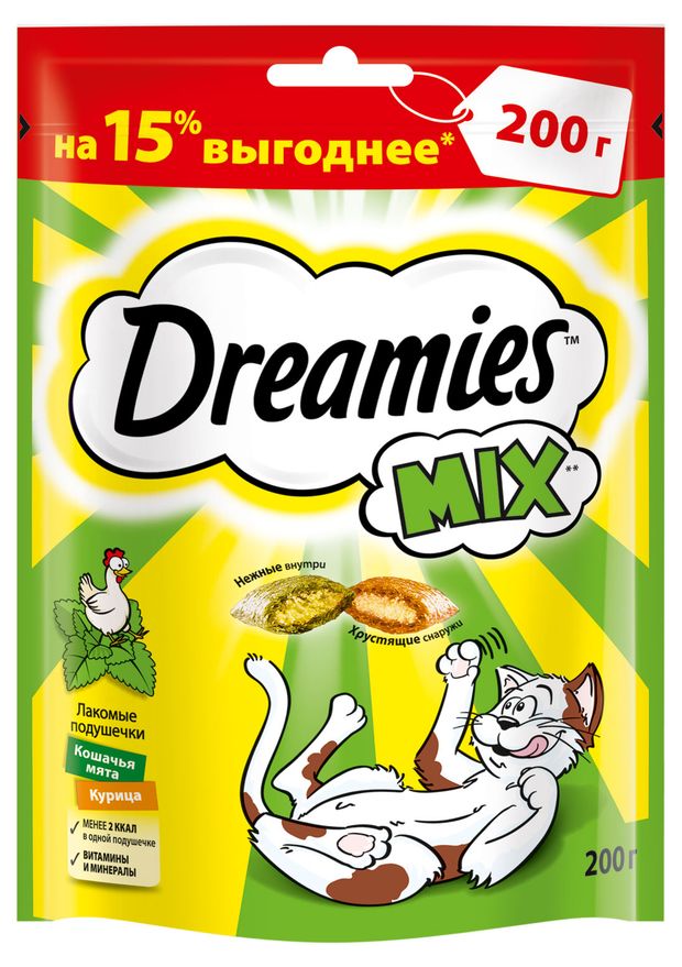 Лакомство для взрослых кошек Dreamies Mix подушечки с курицей и мятой, 200 г