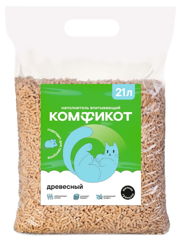 Наполнитель для кошачьего туалета Комфикот впитывающий древесный, 21 л