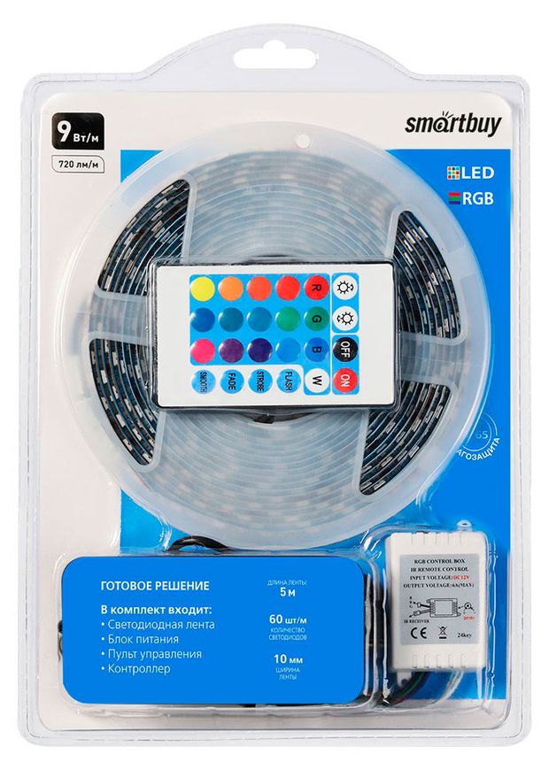 Комплект светодиодной ленты SmartBuy SMD 50х50/60 12V IP65 9W RGB 720лм катушка, 5 м