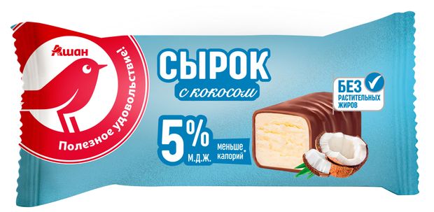Сырок творожный АШАН Красная птица глазированный с кокосом ГОСТ БЗМЖ, 40 г
