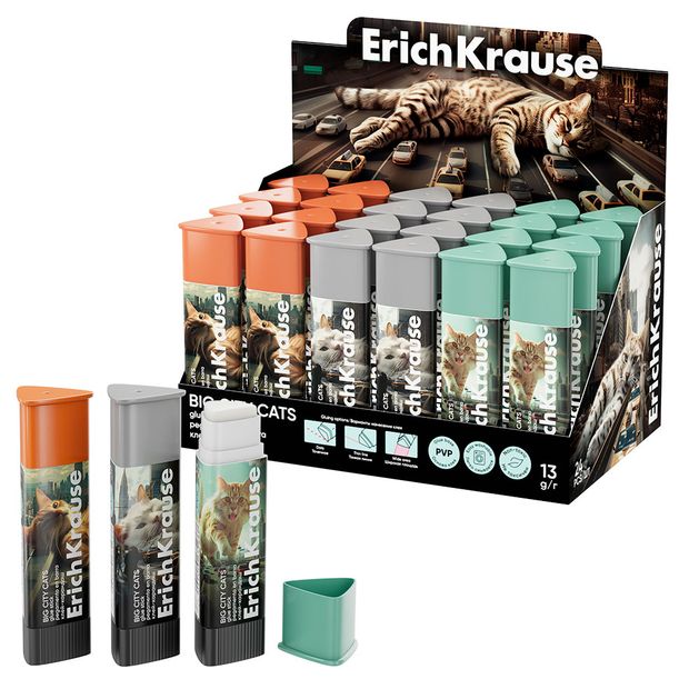 Клей-карандаш ErichKrause Prism Big City Cats, 13 г в ассортименте