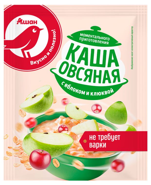 Каша овсяная АШАН Красная птица с яблоком и клюквой, 35 г