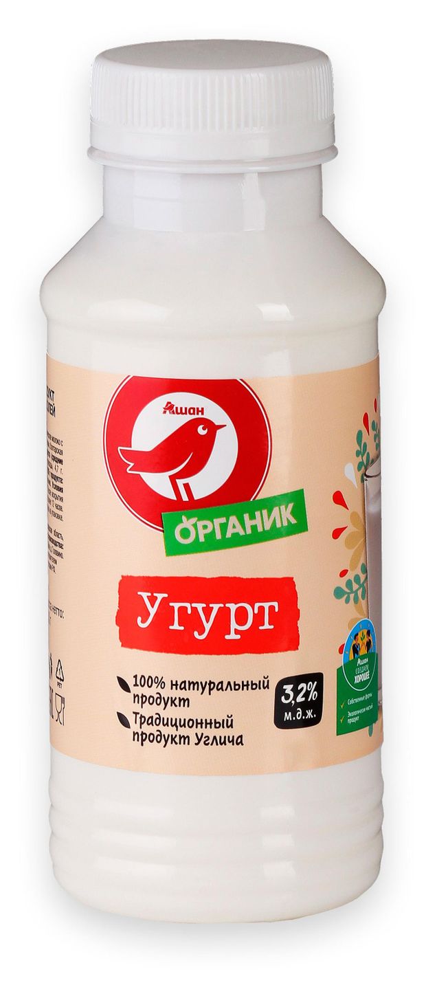 Напиток кисломолочный Угурт (Йогурт) питьевой органический АШАН Красная птица Органик 3,2% БЗМЖ, 250 г