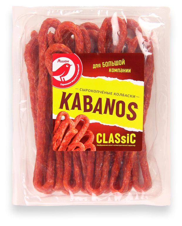 Колбаски сырокопченые АШАН Красная птица Kabanos Классические 280 г 369₽