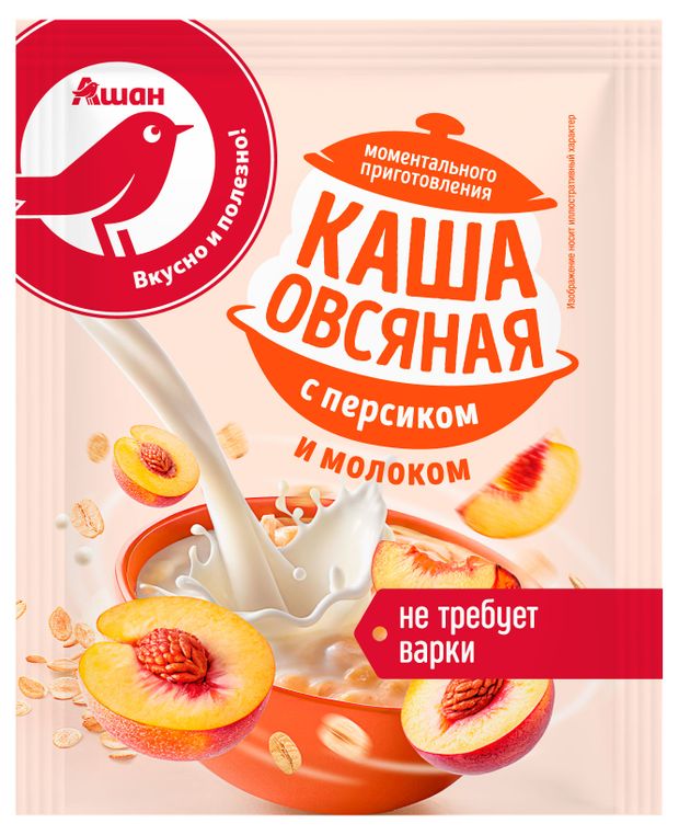 Каша овсяная АШАН Красная птица персик с молоком, 35 г