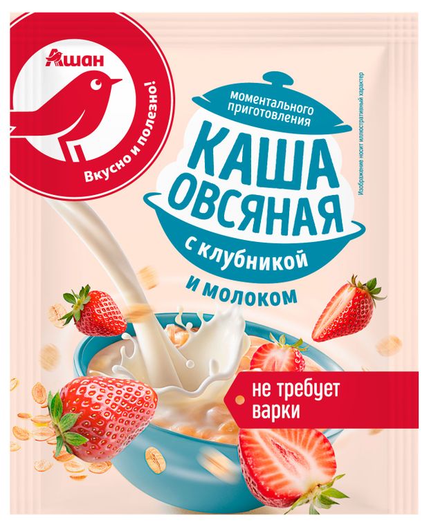 Каша овсяная АШАН Красная птица клубника с молоком, 35 г