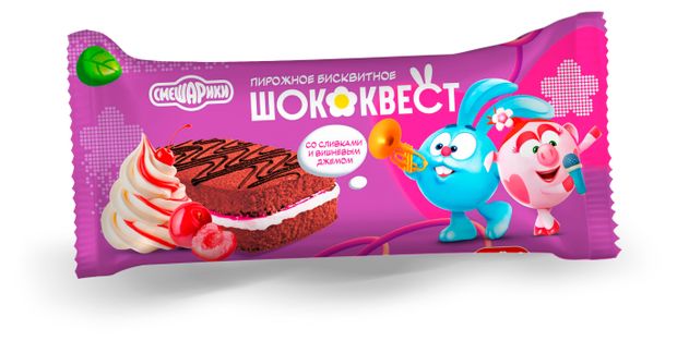 Пирожное бисквитное Смешарики Шококвест со сливками и вишневым джемом, 35 г